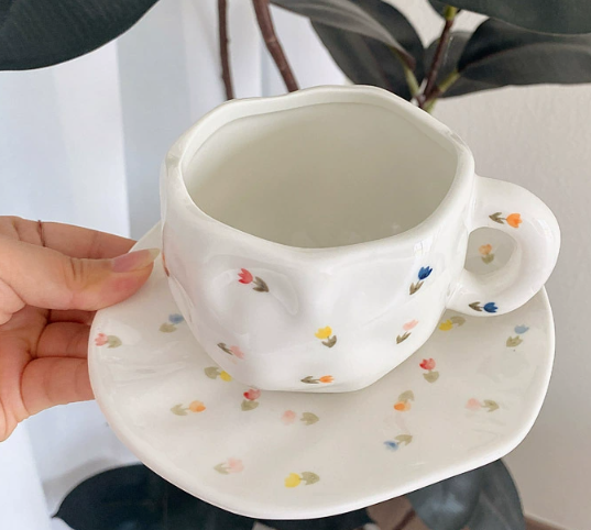 White Background Little Floral 300ML Underglaze Hand-Pinched Cup and Saucer Set - Ceramic Coffee Mug Milk Cup Breakfast Set