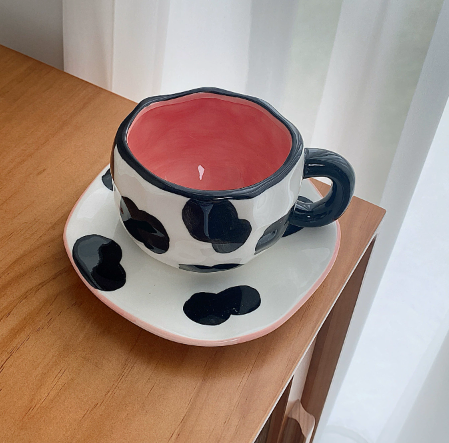 Milk Cow 300ML Underglaze Hand-Pinched Cup and Saucer Set - Ceramic Coffee Mug Milk Cup Breakfast Set