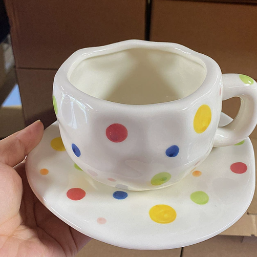 Colorful Polka Dots 300ML Underglaze Hand-Pinched Cup and Saucer Set - Ceramic Coffee Mug Milk Cup Breakfast Set