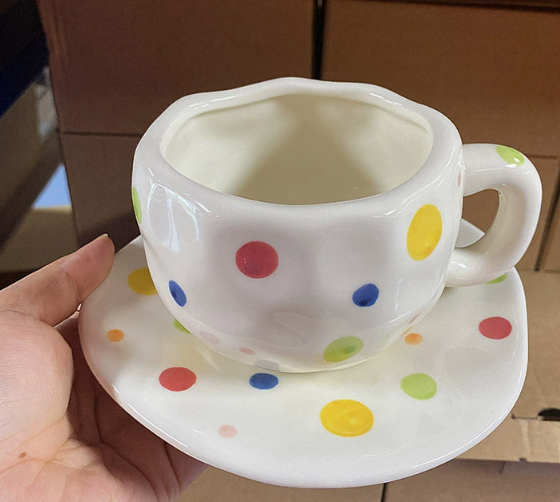 Colorful Polka Dots 300ML Underglaze Hand-Pinched Cup and Saucer Set - Ceramic Coffee Mug Milk Cup Breakfast Set