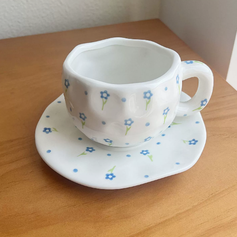 White With Small Blue Fowers 300ML Underglaze Hand-Pinched Cup and Saucer Set - Ceramic Coffee Mug Milk Cup Breakfast Set