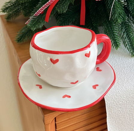 Red Edge Love 300ML Underglaze Hand-Pinched Cup and Saucer Set - Ceramic Coffee Mug Milk Cup Breakfast Set