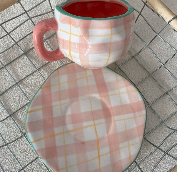 Red Edge Love 300ML Underglaze Hand-Pinched Cup and Saucer Set - Ceramic Coffee Mug Milk Cup Breakfast Set