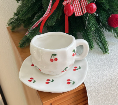 Red Cherry 300ML Underglaze Hand-Pinched Cup and Saucer Set - Ceramic Coffee Mug Milk Cup Breakfast Set