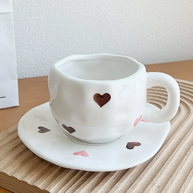 Two-color Love 300ML Underglaze Hand-Pinched Cup and Saucer Set - Ceramic Coffee Mug Milk Cup Breakfast Set