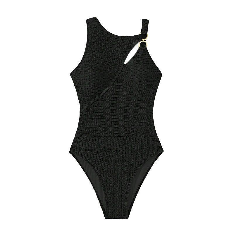 L Black Conservative One-Piece Swimsuit Women Solid Color Slim Fit Bikini Swimwear