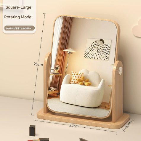 Square Rotating Mirror - Extra Large Tabletop Makeup Mirror - Large Wooden Swivel Vanity Mirror for Desk