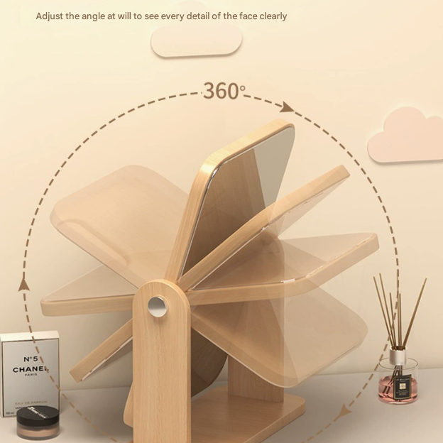 Round Folding Mirror Tabletop Makeup Mirror - Large Wooden Swivel Vanity Mirror for Desk