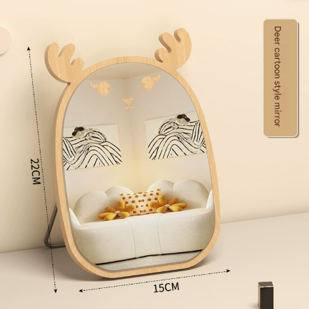 Deer Cartoon Mirror Tabletop Makeup Mirror - Large Wooden Swivel Vanity Mirror for Desk