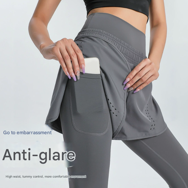 XXL Grey Women's High-Waist Athletic Skort with Built-In Shorts - Breathable Quick-Dry Running Skirt with Phone Pocket