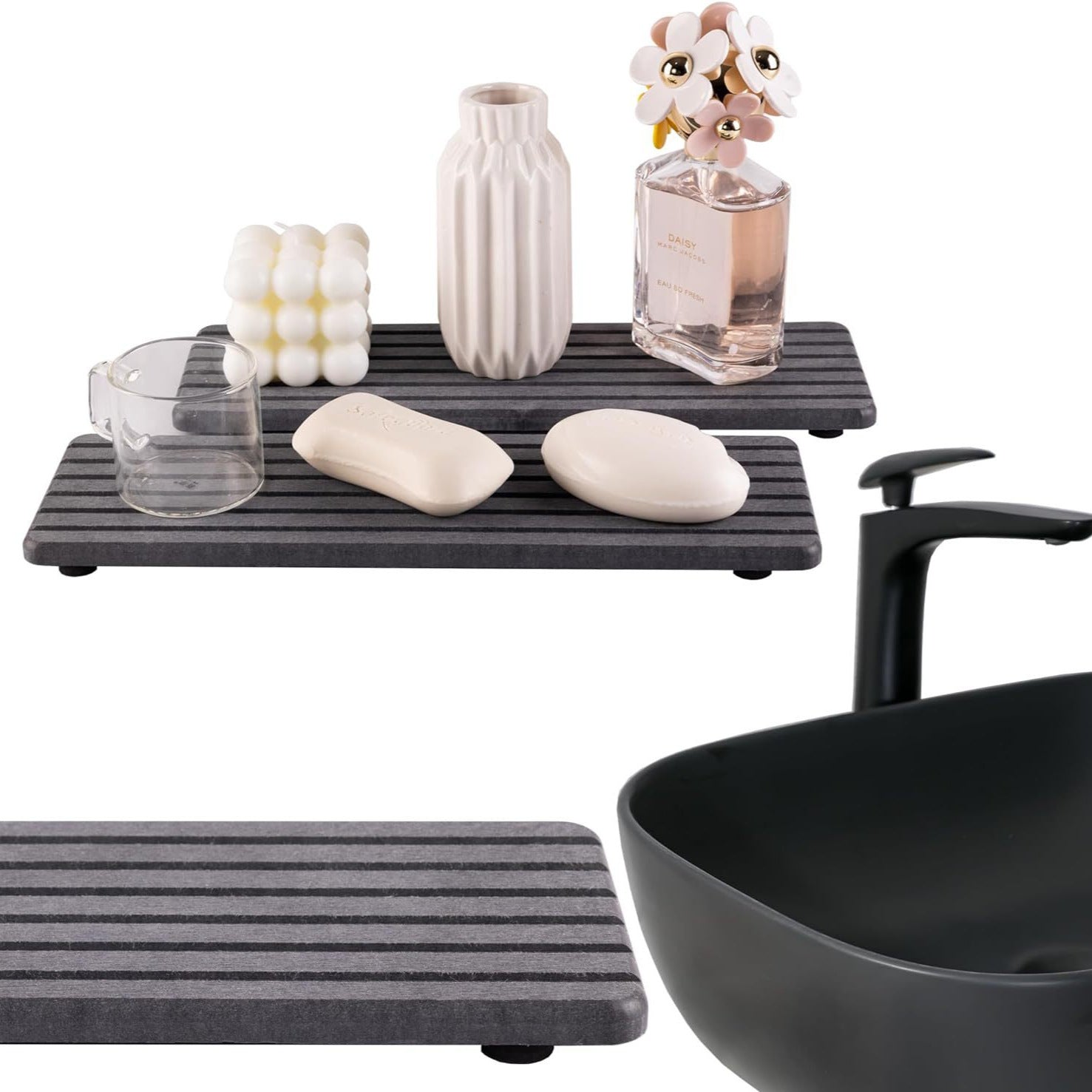 Engraved Inner Frame - Medium Grey 2-Piece Rectangular Diatomaceous Earth Coaster Set - Absorbent Grooved Mat for Sink and Bathroom