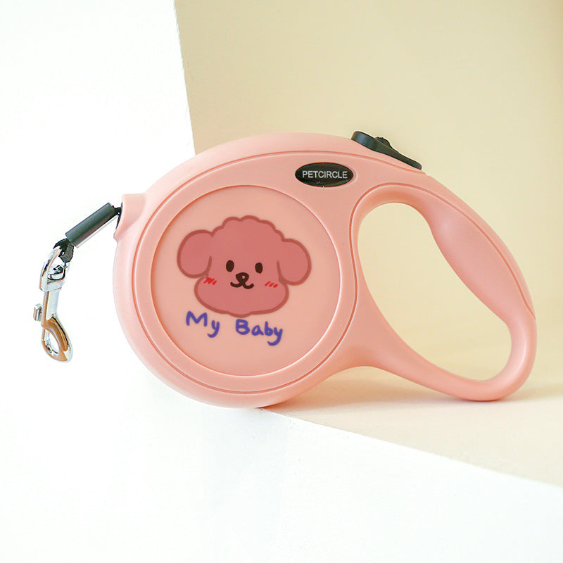 Pink 5m Cartoon Retractable Dog Leash for Golden Retriever &amp; Poodle Puppies - Durable, Tangle-Free Pet Walking Essential