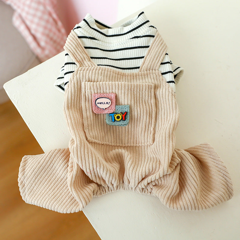 XS Black And White Striped Pocket Bib Pants Cute Four-Legged Dog Clothes - Spring/Summer Pet Outfit, Soft &amp; Breathable