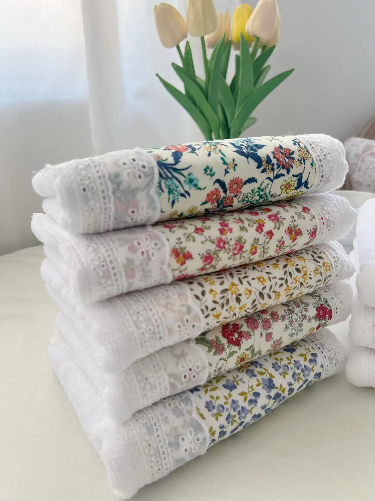 2 PCS Yellow Small Flower B 100% Cotton Solid Color Thickened Adult Face Towel with Floral Soft Texture - 35 x 75cm