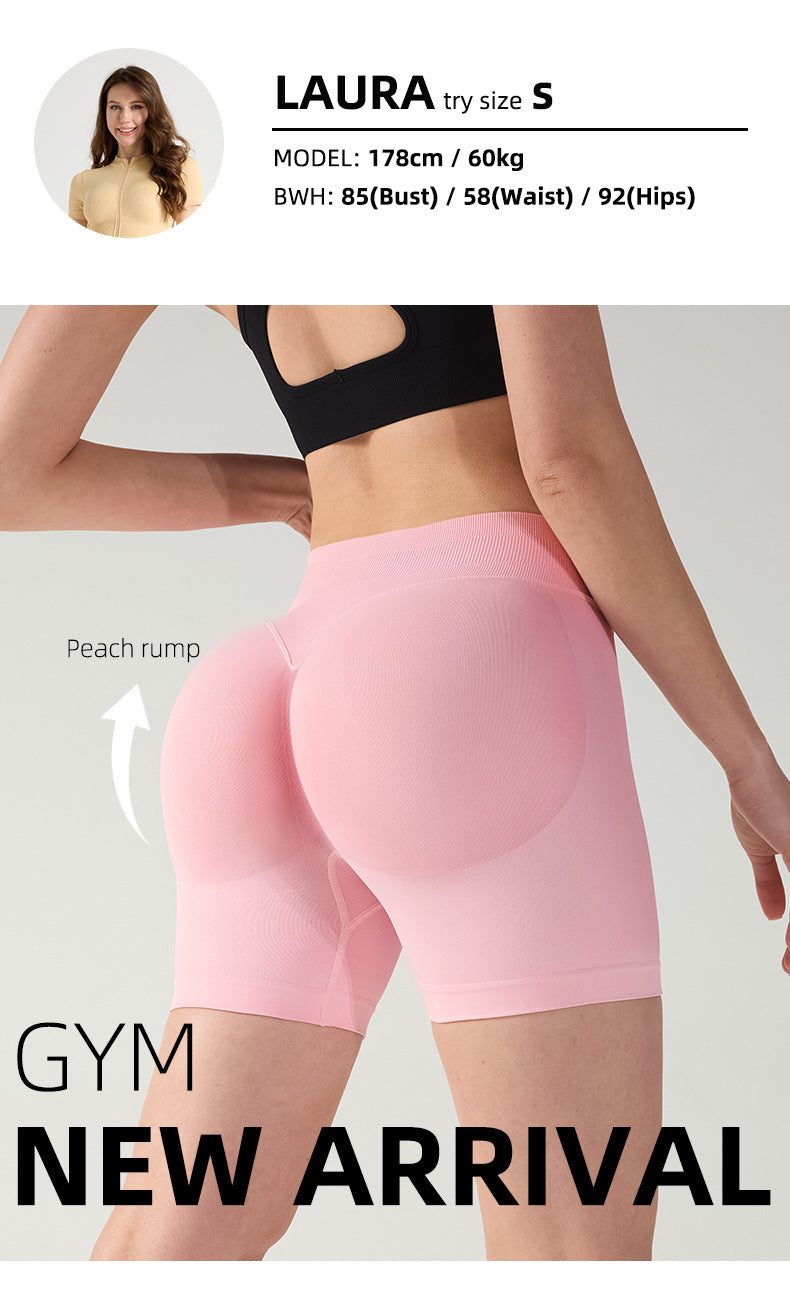 XXL Pink High-Elastic Hip Yoga Shorts - Seamless Mid-Intensity Pilates Workout Shorts