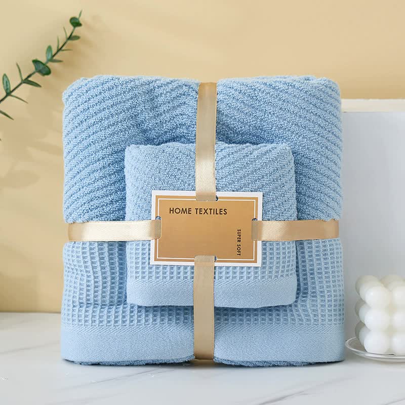 Blue Solid Color Diagonal Stripe Towel Set - Luxurious Bath and Hand Towels for Home Use Bath towel 140*70cm, face towel 75*35cm