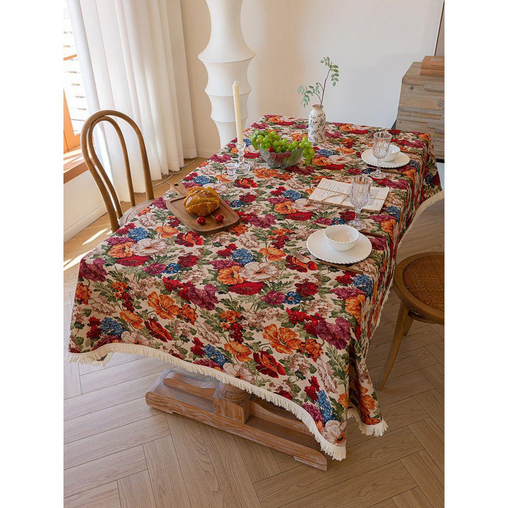 Floral Cotton Linen Tablecloth | Vintage Style Country Garden Design, 90x90cm