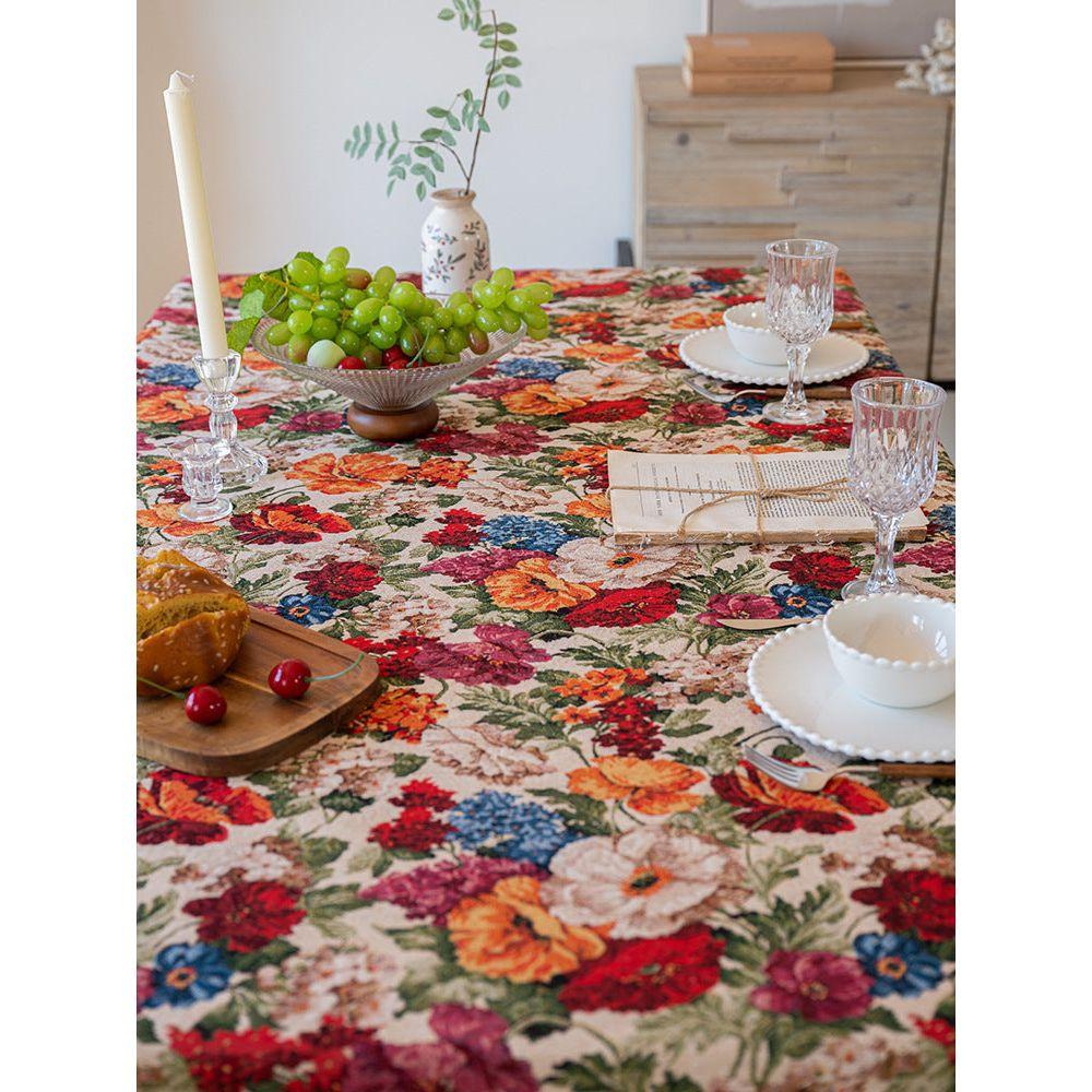 Floral Cotton Linen Tablecloth | Vintage Style Country Garden Design, 90x90cm