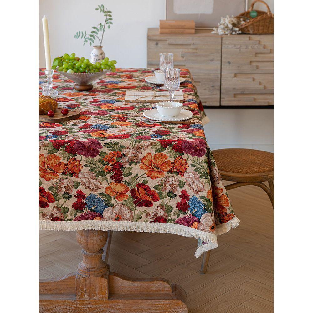 Floral Cotton Linen Tablecloth | Vintage Style Country Garden Design, 90x90cm