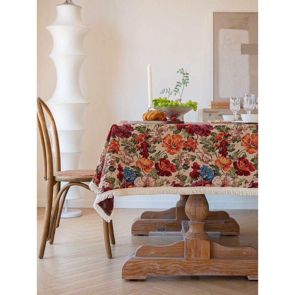 Floral Cotton Linen Tablecloth | Vintage Style Country Garden Design, 90x90cm