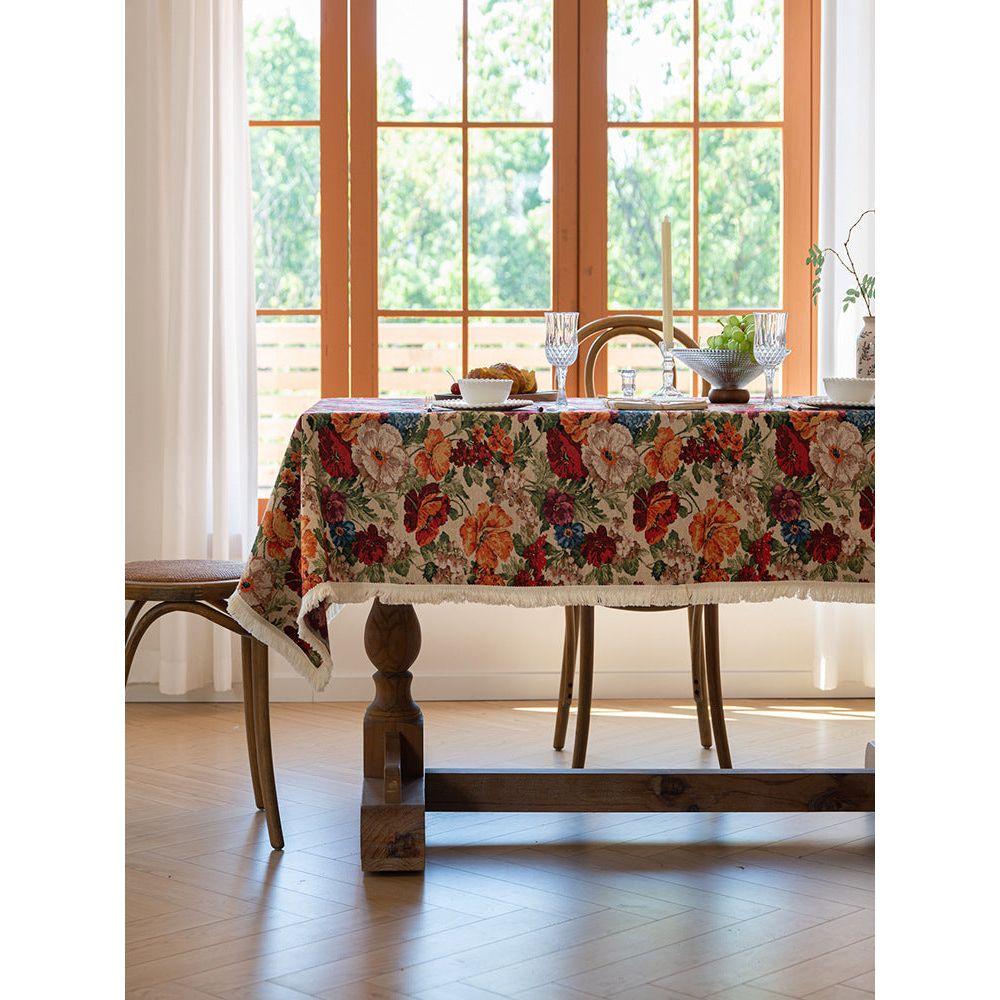 Floral Cotton Linen Tablecloth | Vintage Style Country Garden Design, 120*120cm