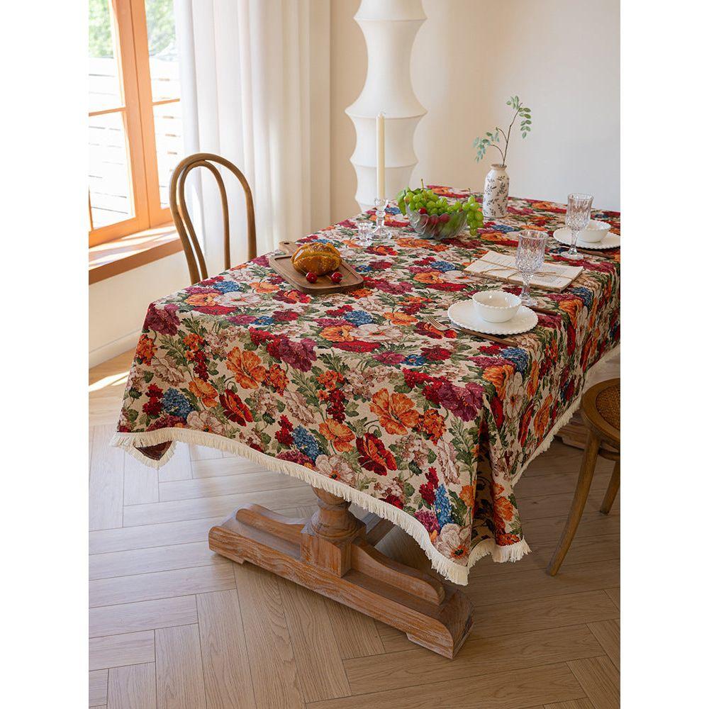 Floral Cotton Linen Tablecloth | Vintage Style Country Garden Design, 100*160cm
