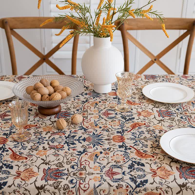 Floral Vintage Bird Tassel Tablecloth | Vintage Cotton and Linen Jacquard Tablecloth, 90x90cm