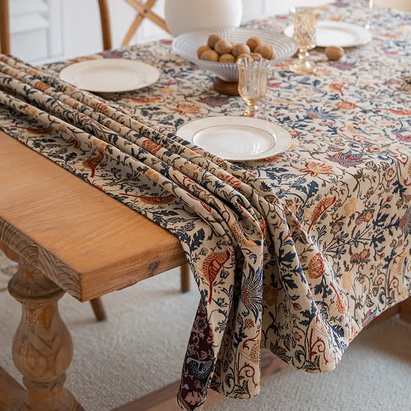 Floral Vintage Bird Tassel Tablecloth | Vintage Cotton and Linen Jacquard Tablecloth, 90x90cm