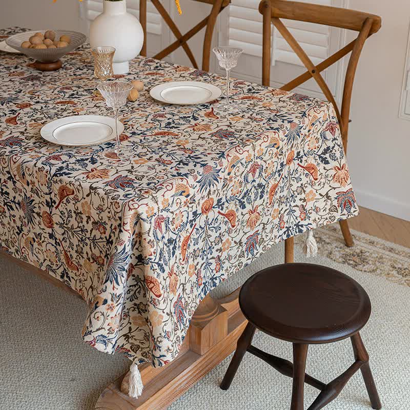 Floral Vintage Bird Tassel Tablecloth | Vintage Cotton and Linen Jacquard Tablecloth, 90*140cm