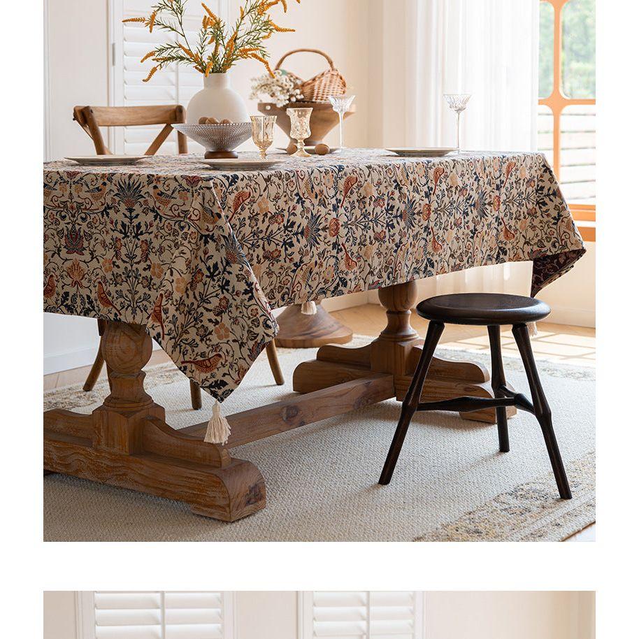 Floral Vintage Bird Tassel Tablecloth | Vintage Cotton and Linen Jacquard Tablecloth, 90*140cm