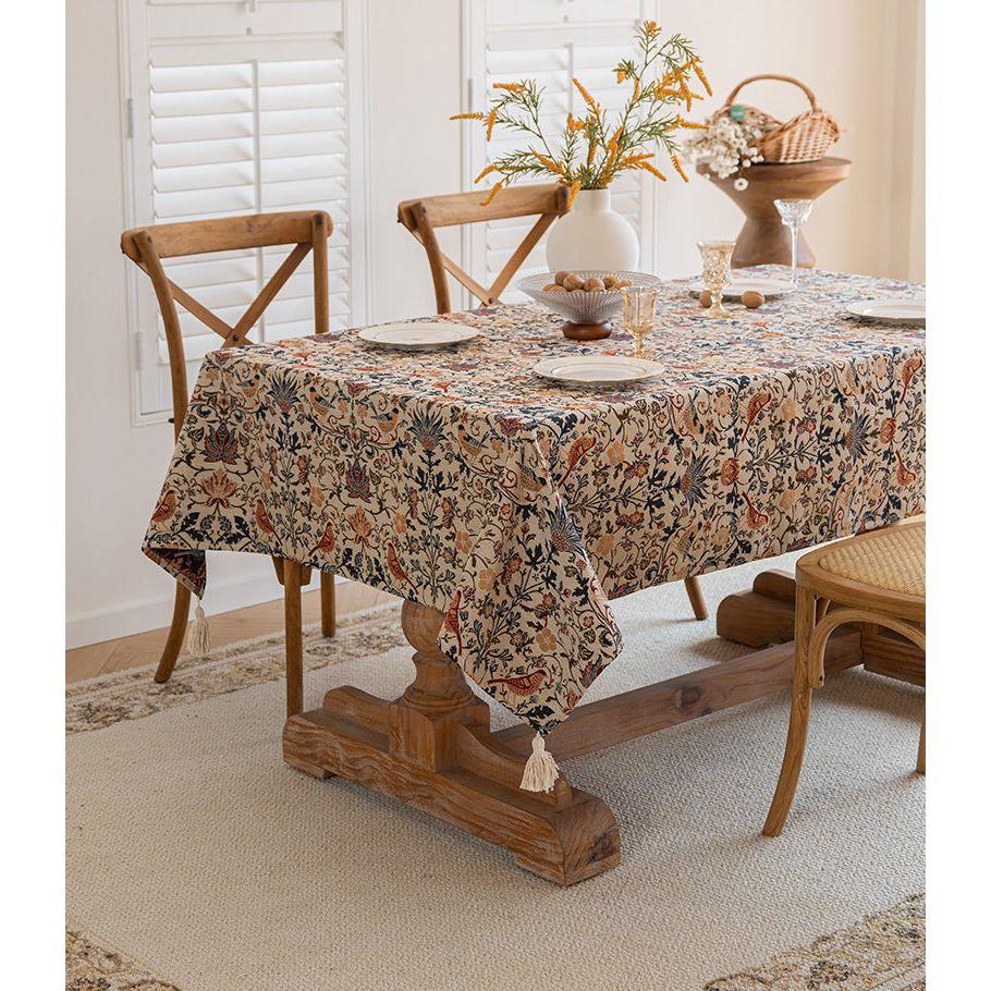 Floral Vintage Bird Tassel Tablecloth | Vintage Cotton and Linen Jacquard Tablecloth, 90*140cm
