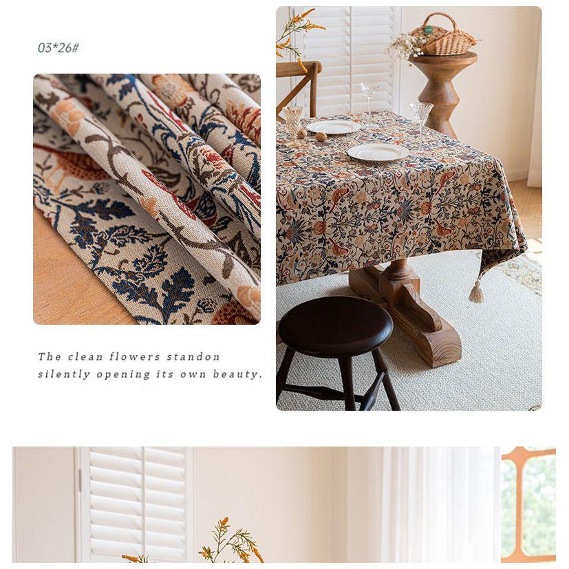 Floral Vintage Bird Tassel Tablecloth | Vintage Cotton and Linen Jacquard Tablecloth, 140*180cm