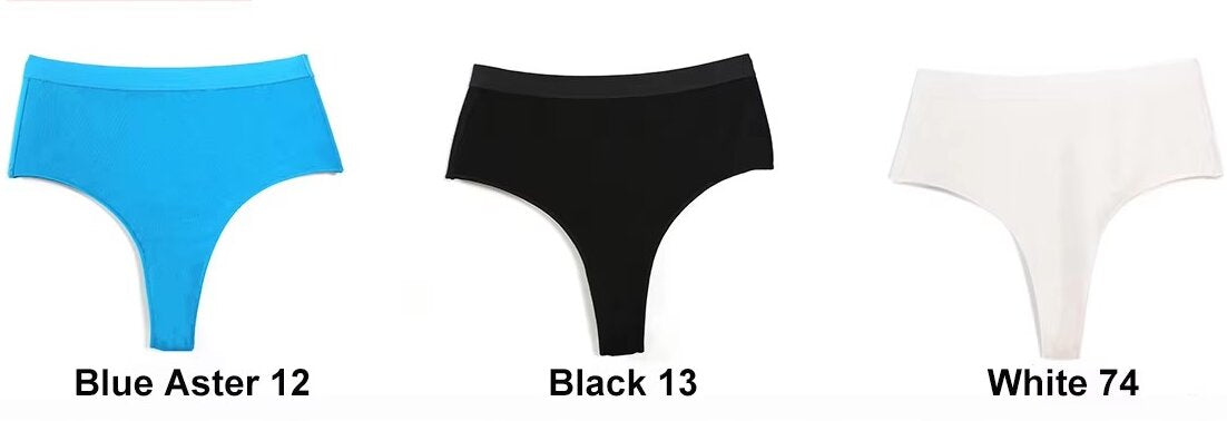 3 pcs（White+Black+Blue Aster） High-Waisted Solid Color Cotton Comfort Plus Size Tummy Control Thong Panties for Women – Size M