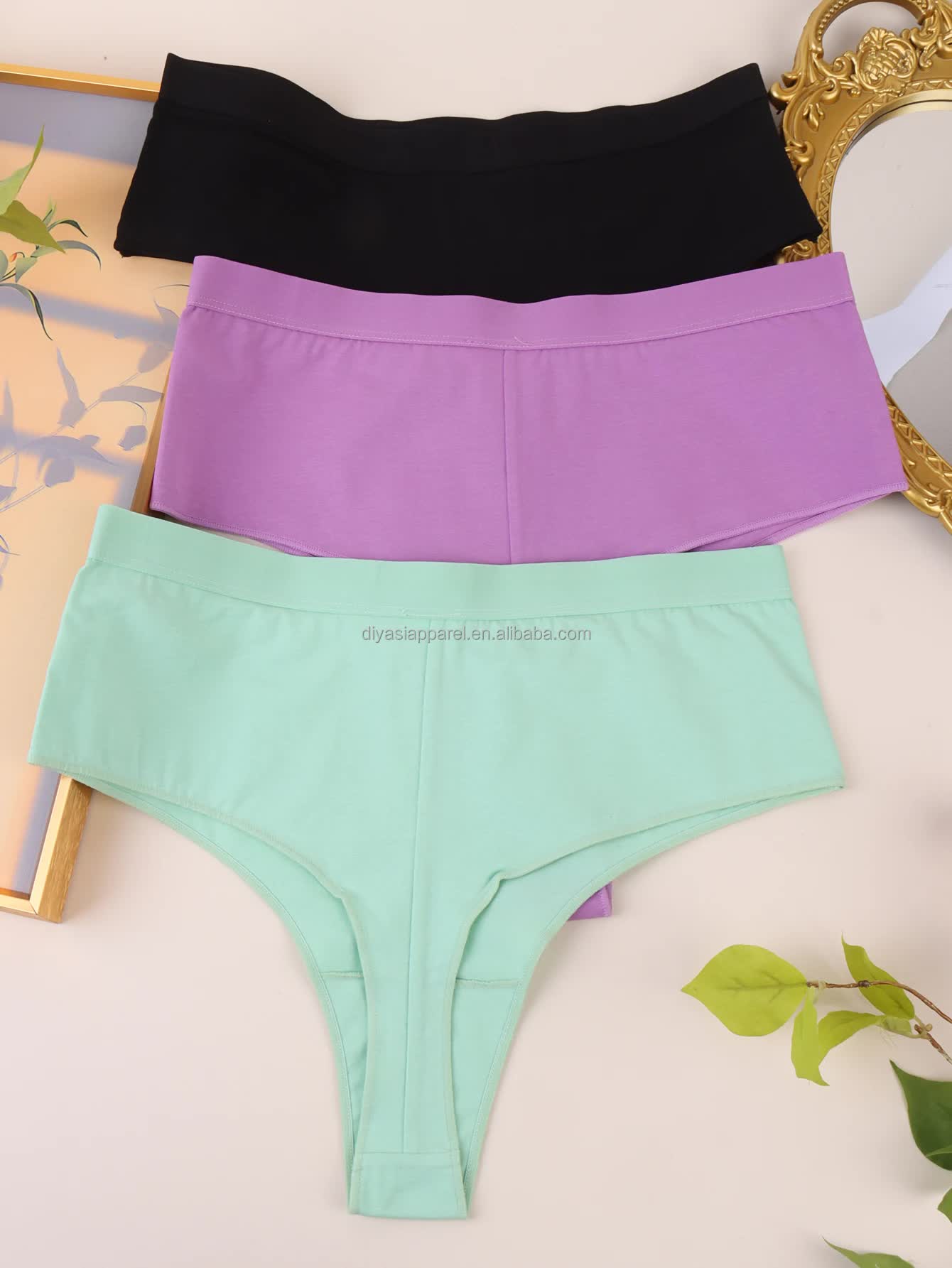 3 pcs（MINT green+Black+Violet） High-Waisted Solid Color Cotton Comfort Plus Size Tummy Control Thong Panties for Women – Size S