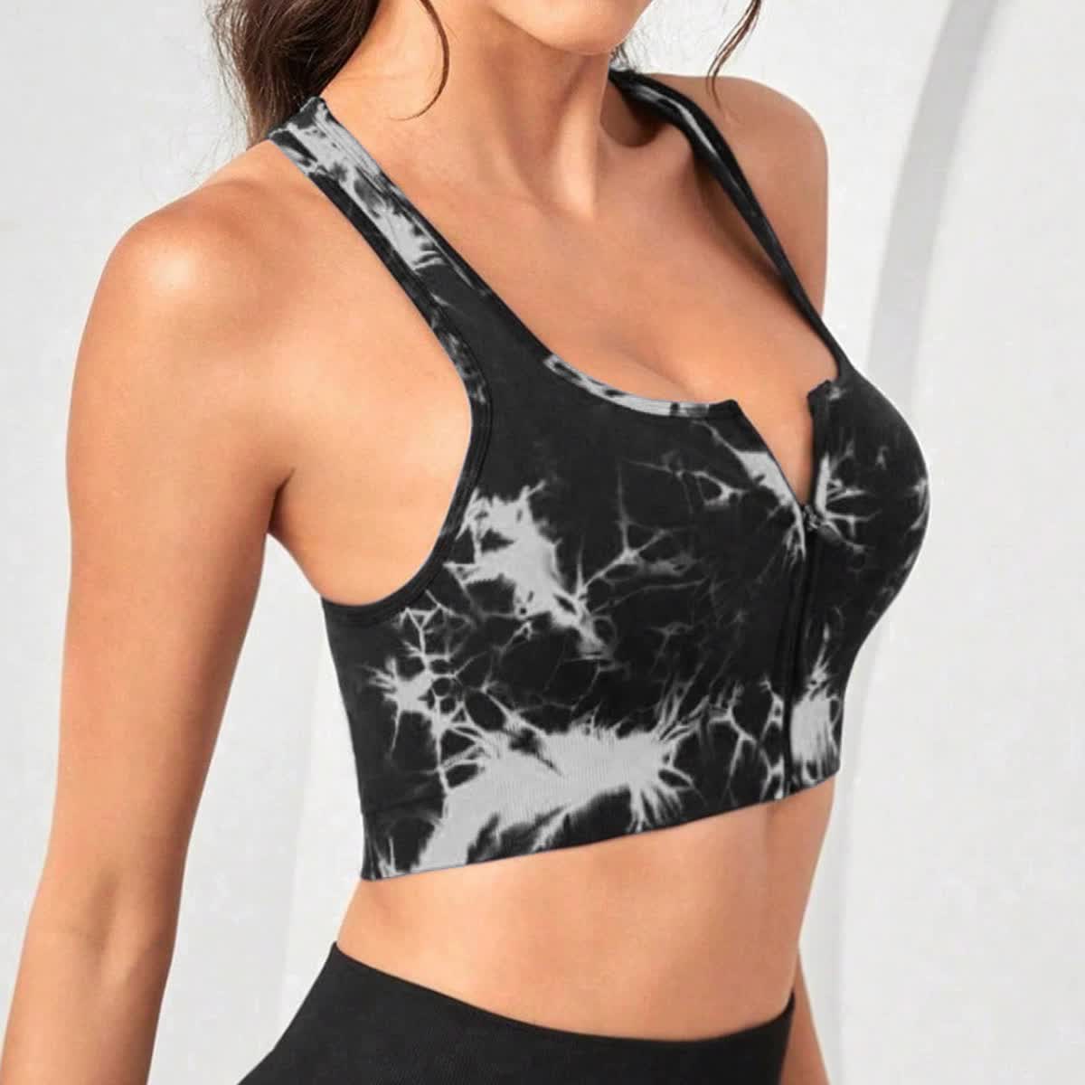 Women&#39;s Black Tie Dye Zip-Up Sports Bra | Shockproof, Push-Up Size L