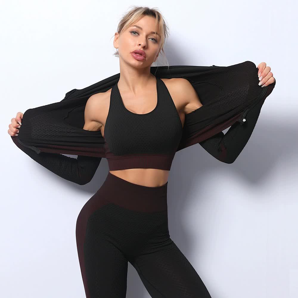 Black+Red High Waist Yoga Set for Women - Sports Bra, Long Sleeve Shirt & Leggings 3-Piece Workout Set Size XXL