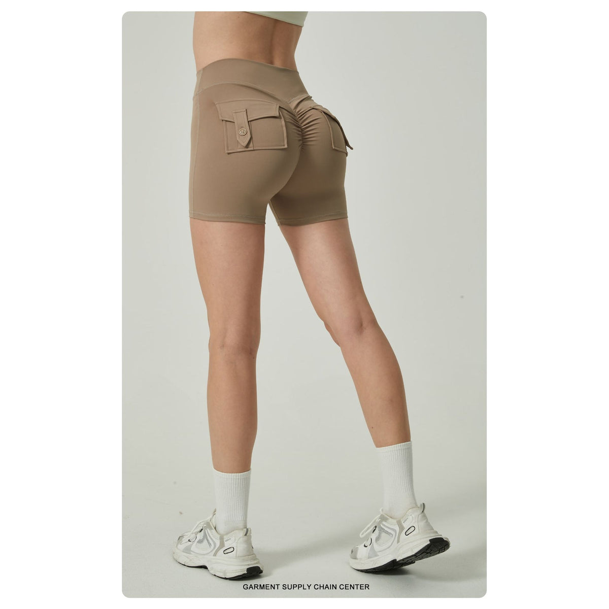 Khaki High-Waisted Yoga Shorts with Pockets for Women - Butt-Lifting, Breathable, and Comfortable Activewear L