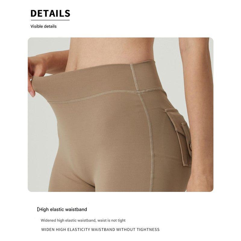 Khaki High-Waisted Yoga Shorts with Pockets for Women - Butt-Lifting, Breathable, and Comfortable Activewear L