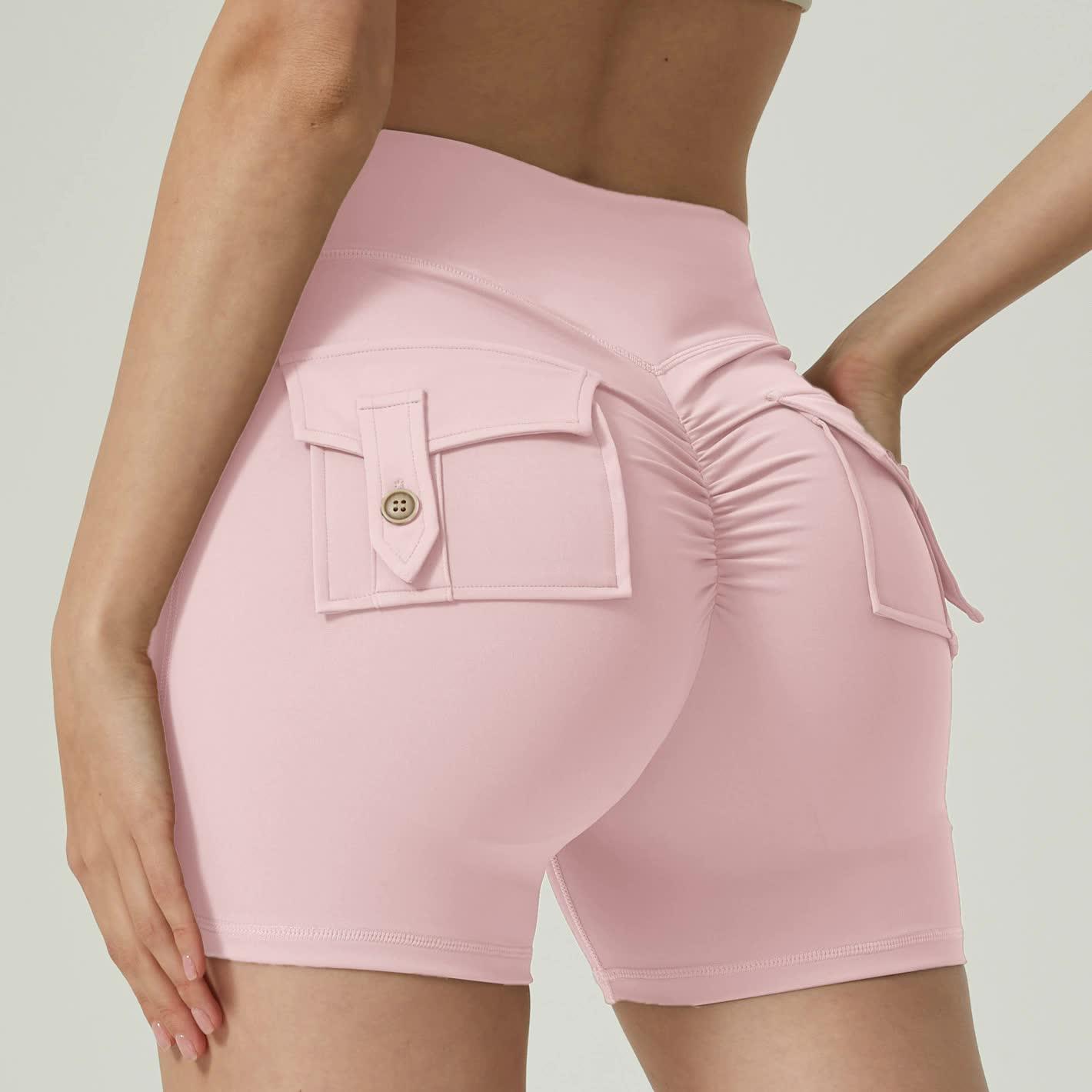 Pink High-Waisted Yoga Shorts with Pockets for Women - Butt-Lifting, Breathable, and Comfortable Activewear M