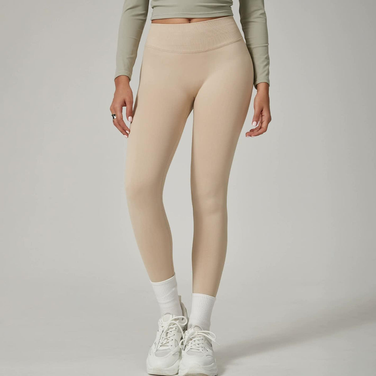 Khaki High-Waisted Butt Lift Yoga Pants for Women - Peach Hip Design, Full-Length Leggings, Workout and Fitness Activewear size XL