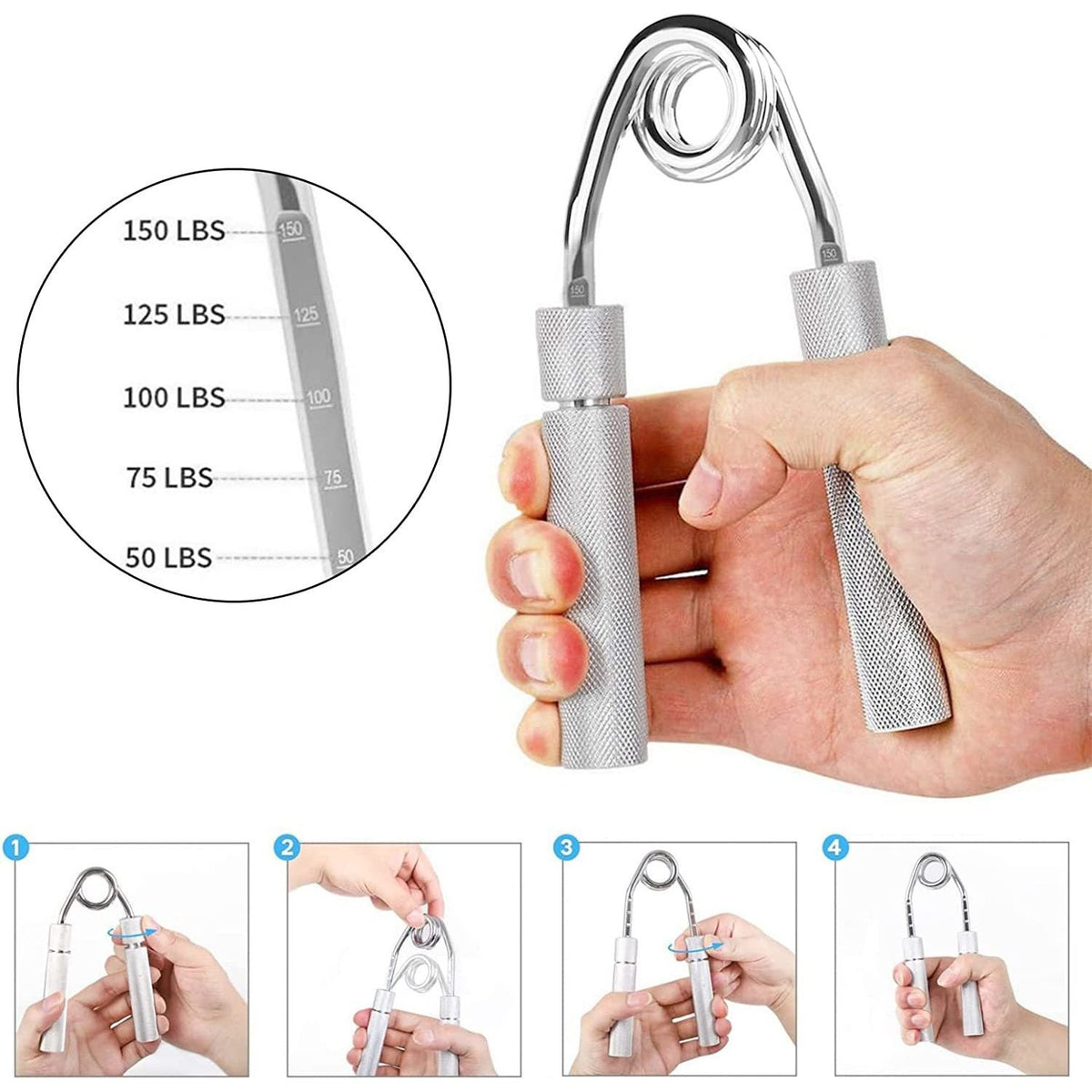 2 pcs Aluminum color Heavy Duty Metal Hand Grip Strengthener - Hand Training Equipment for Rehabilitation & Fitness with Adjustable Resistance 150LB