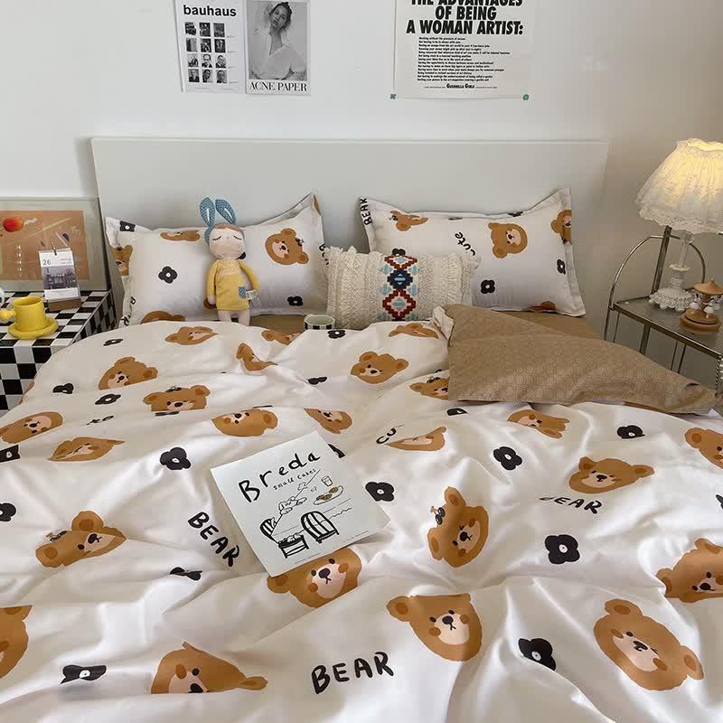 Cartoon Bear 4-Piece Bedding Set with Comforter and Pillowcases for Kids - Soft and Cute Bed Linen (Comforter 150x200cm, Bed Sheet 160x230cm, Pillowcases 48x47cm)