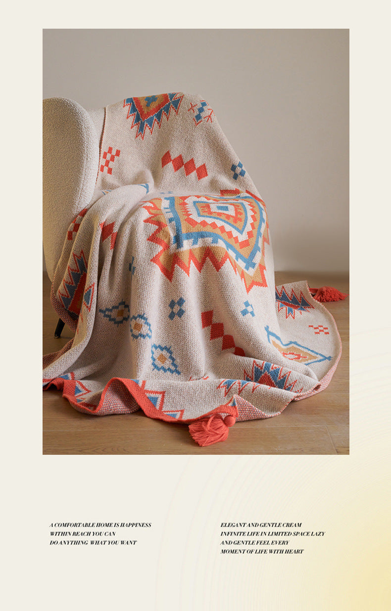 Orange Bohemian Geometric Tassel Throw Blanket – Soft Cotton Blend for Bedroom, Living Room, and Sofa 110x130cm