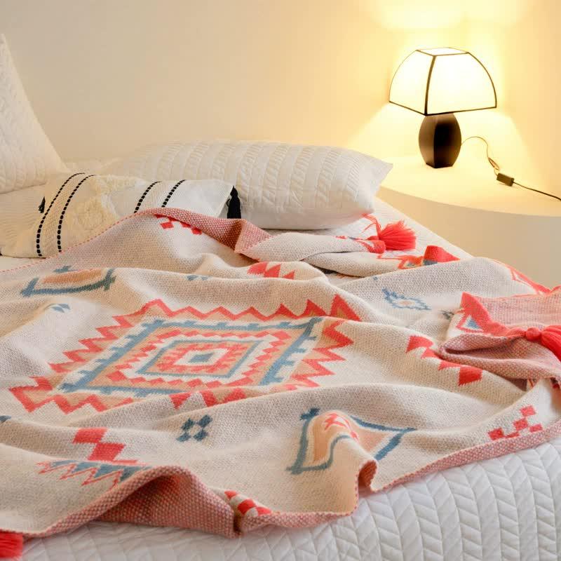 Orange Bohemian Geometric Tassel Throw Blanket - Soft Cotton Blend for Bedroom, Living Room, and Sofa 130x170cm