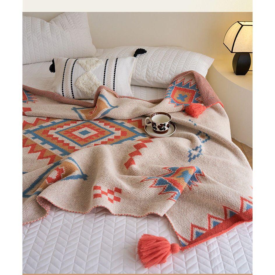 Orange Bohemian Geometric Tassel Throw Blanket - Soft Cotton Blend for Bedroom, Living Room, and Sofa 130x170cm