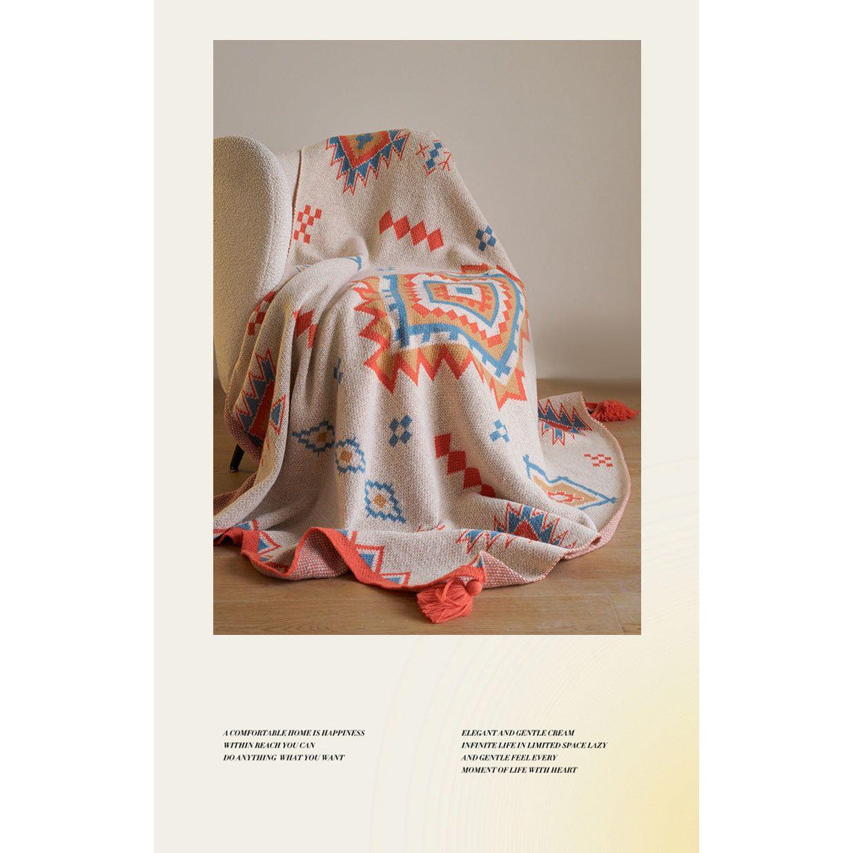 Orange Bohemian Geometric Tassel Throw Blanket - Soft Cotton Blend for Bedroom, Living Room, and Sofa 130x170cm