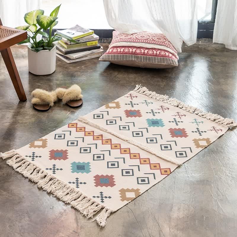 Handwoven Cotton Tassel Floor Rug for Bedroom or Living Room|Soft, Modern Geometric Design,60x90cm