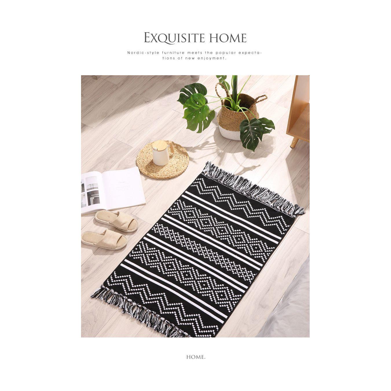 Handwoven Cotton Tassel Floor Rug for Bedroom or Living Room|Soft, Modern Geometric Design,60x90cm