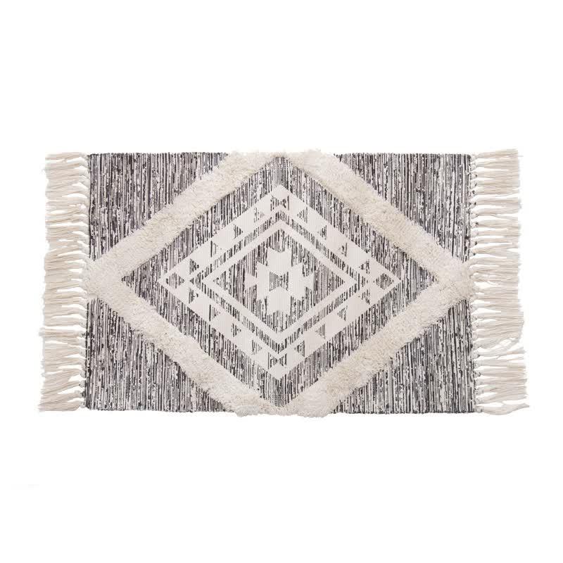 Handwoven Cotton Tassel Floor Rug for Bedroom or Living Room|Soft, Modern Geometric Design,60x90cm