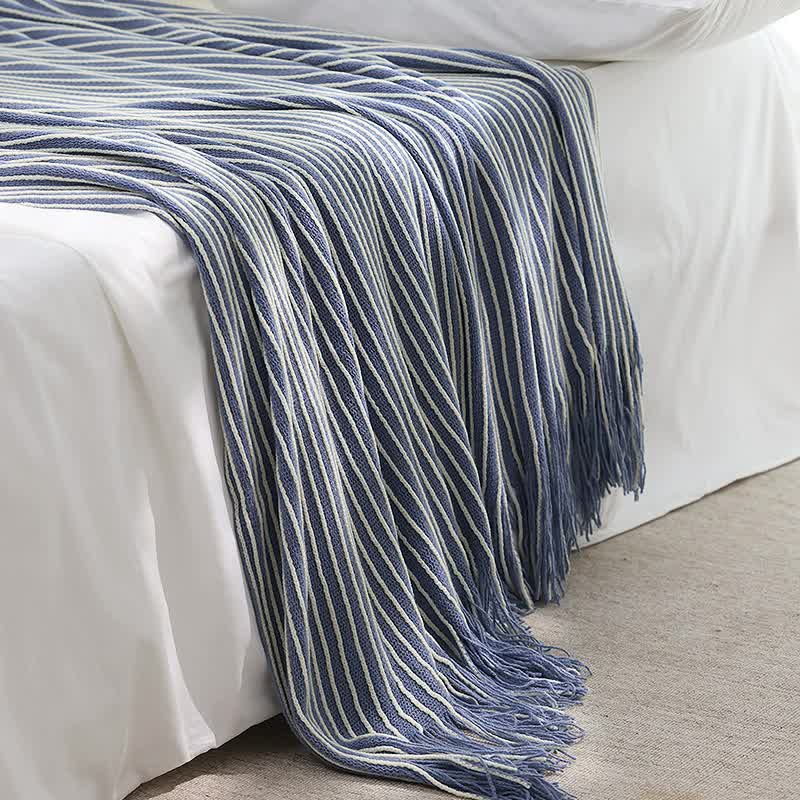 Blue Cozy Knit Throw Blanket with Fringe – Stylish Striped  Bed End Cover, 127x170cm